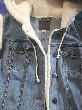 Maurices Light Blue Denim Jacket with White Sherpa Hood